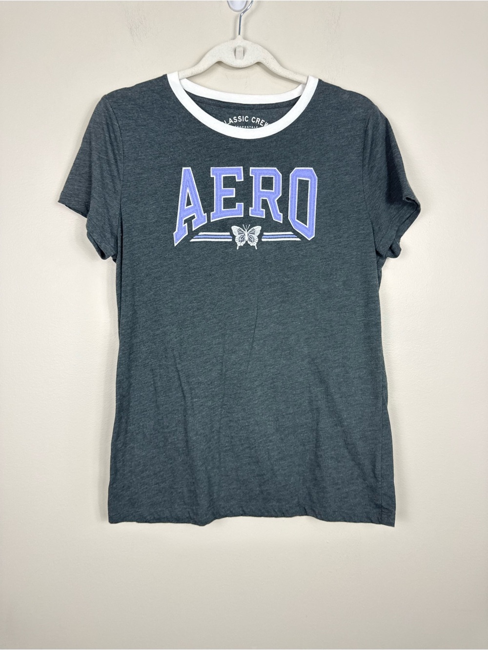 Aero Y2K Top Butterfly Womens XL Gray White Sporty Shirt Classic Crew Purple